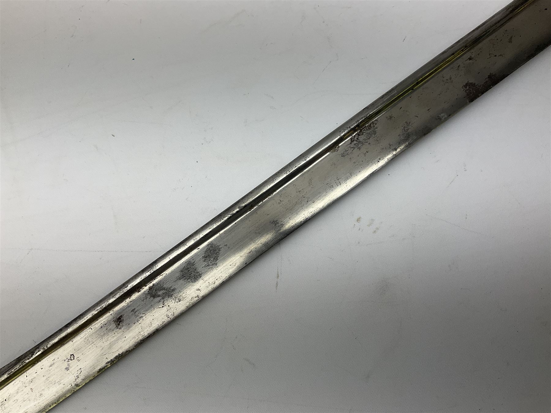 British 1855 pattern 'Sappers & Miners' Lancaster sword bayonet as issued to Medical Corps, the 62cm steel blade marked S&K with various numbers; in brass mounted leather scabbard numbered 1176
