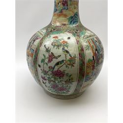 A 19th century Chinese Canton Famille Rose vase, of globular form with tall neck, and cover with finial, decorated with alternating panels of figural scenes, and birds and butterflies amongst blossoming and fruiting trees, with foliate surround against gilt, overall H57cm. 