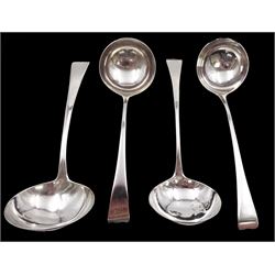 Four George III silver Old English pattern sauce ladles, with various makers including Peter & Ann Bateman and Samuel Godbehere & Edward Wigan, dated between 1794 and 1813