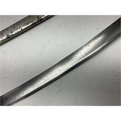 19th century Russian Imperial Navy sword, with 77.5cm curving fullered blade, brass three-bar hilt with lozenge shaped langets and wire-bound leather grip; in polished steel scabbard with one suspension ring L97cm overall