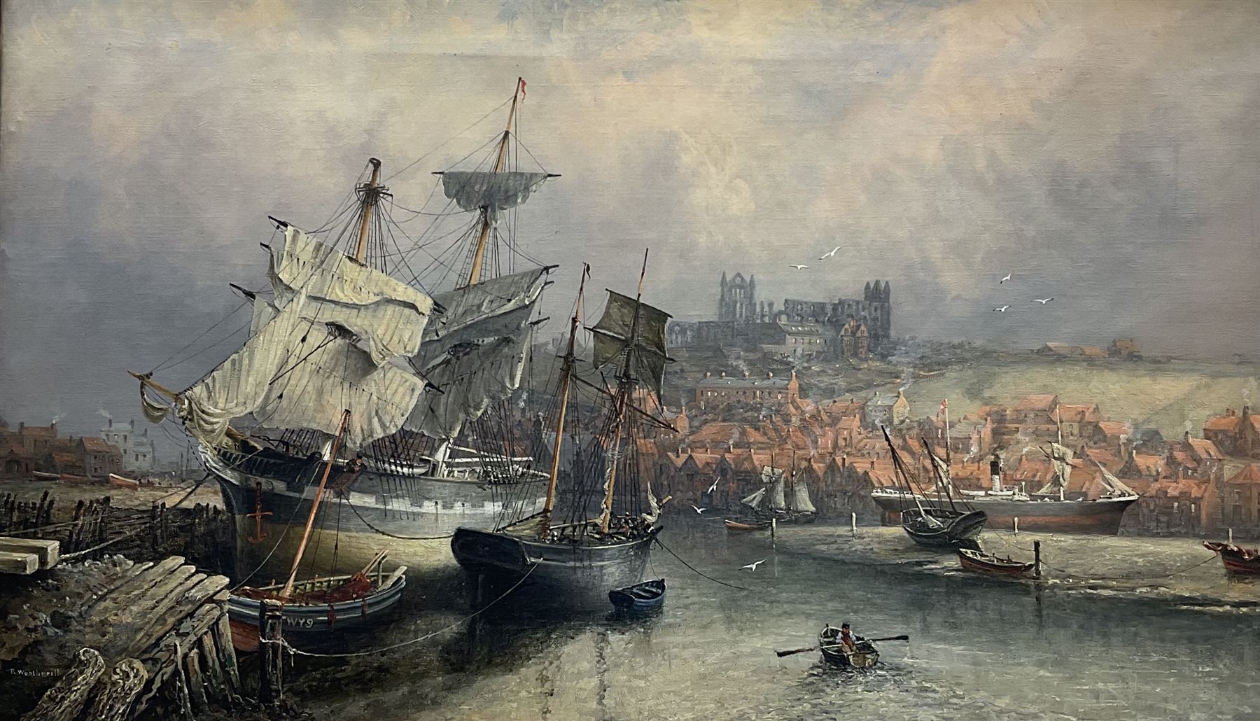 Richard Weatherill (British 1844-1913): Whitby Harbour with Sailing Boats and Steam Ship at Low Tide, oil on canvas signed 44cm x 76cm
Notes: this is a near identical view to the one sold by David Duggleby Ltd 6th November 2020 Lot 96, which at 60cm x 90cm was the largest work by Weatherill to have come on the market in the last 20 years