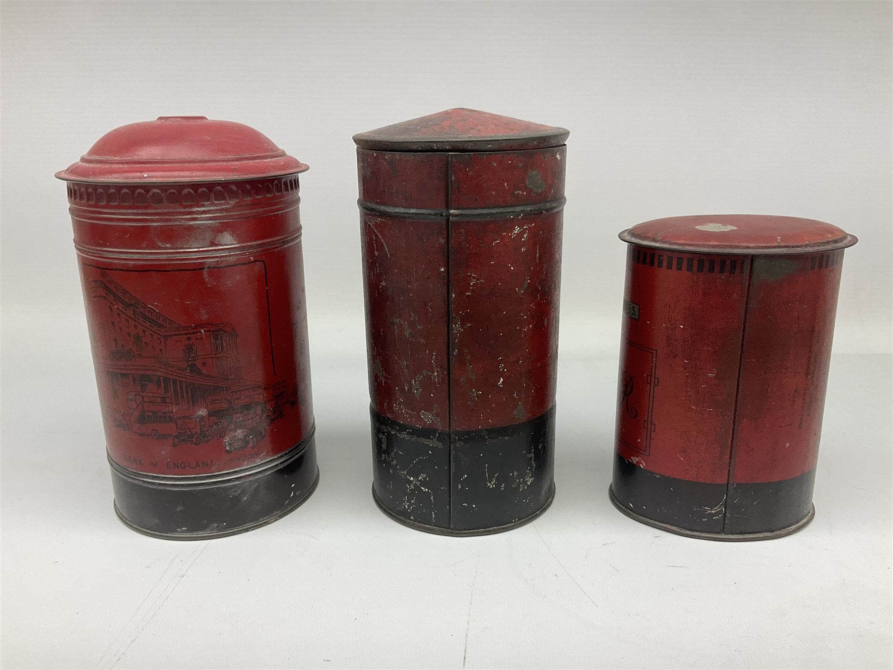 Collection of tin plate money boxes in the form of Royal Mail post boxes, to include four Chad Valley examples, one with key and others similar,  marked VR, GR and ER (10)