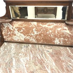 Victorian marble top washstand, raised shaped tile and mirror back, single drawers, turned supports joined by undertier, W108cm, H140cm, D52cm