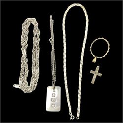 9ct gold pendant mount, stamped 9c and silver jewellery including ingot, cross pendant and two chains