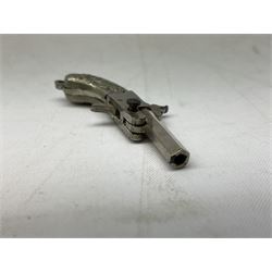 Miniature all nickel 2mm pin fire single shot pistol with engraved grip L4.5cm; together with a .925 silver half hunting cased keyless wind pocket watch inscribed 'Presented to Pte. P. Sizer By No.2 Company 1st Battalion Lincolnshire Regmt For Gallant Conduct Nr. Cork (Ireland) 31.7.20' (2)