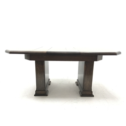 'The Celerity Patent' - Early 20th century oak extending dining table, canted rectangular moulded top with foldout leaf, on two rectangular box supports, 91cm x 122cm - 167cm, H74cm