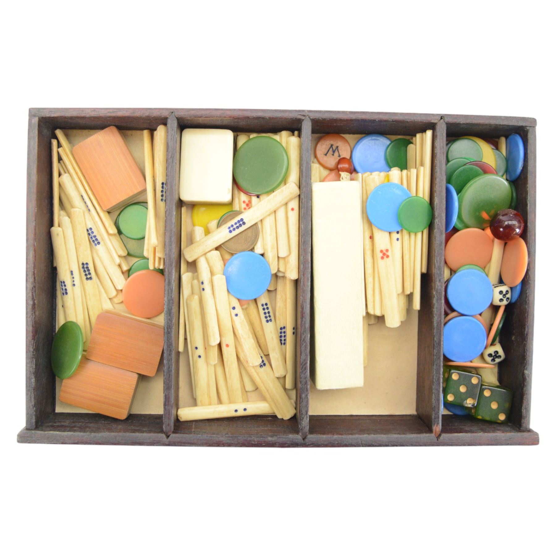 20th century Chinese Mahjong set, with five drawers containing bone counters and tiles, contained within a wooden box with brass detailing, together with a set of eight wooden Mahjong tile trays
