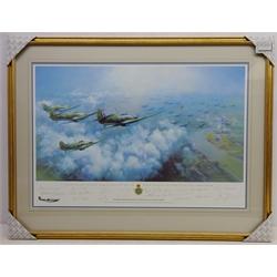  'Battle of Britain Memorial Trust 60th Anniversary', limited edition colour print No. 246/500 after Frank Wootton (British signed in pencil by 1911-1998), signed in pencil by the artist and WWII BOB pilots Tony Iveson, B Stapleton, John Cunningham, Tom Neil, Billy Drake, Bob Foster, Bob Doe, Tony Bartley, Pete Brothers, Johnnie Johnson and Dennis David, 46cm x 69cm  