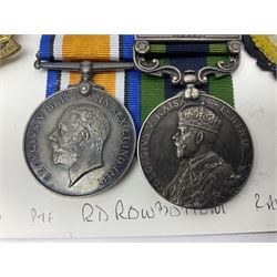 George V India General Service Medal with Afghanistan N.W.F. 1919 clasp and WW1 British War Medal awarded to 79561 Pte. R.D. Rowbottom R.A.M.C.; both with ribbons; card mounted with cap badge and Medical Corps cloth badge