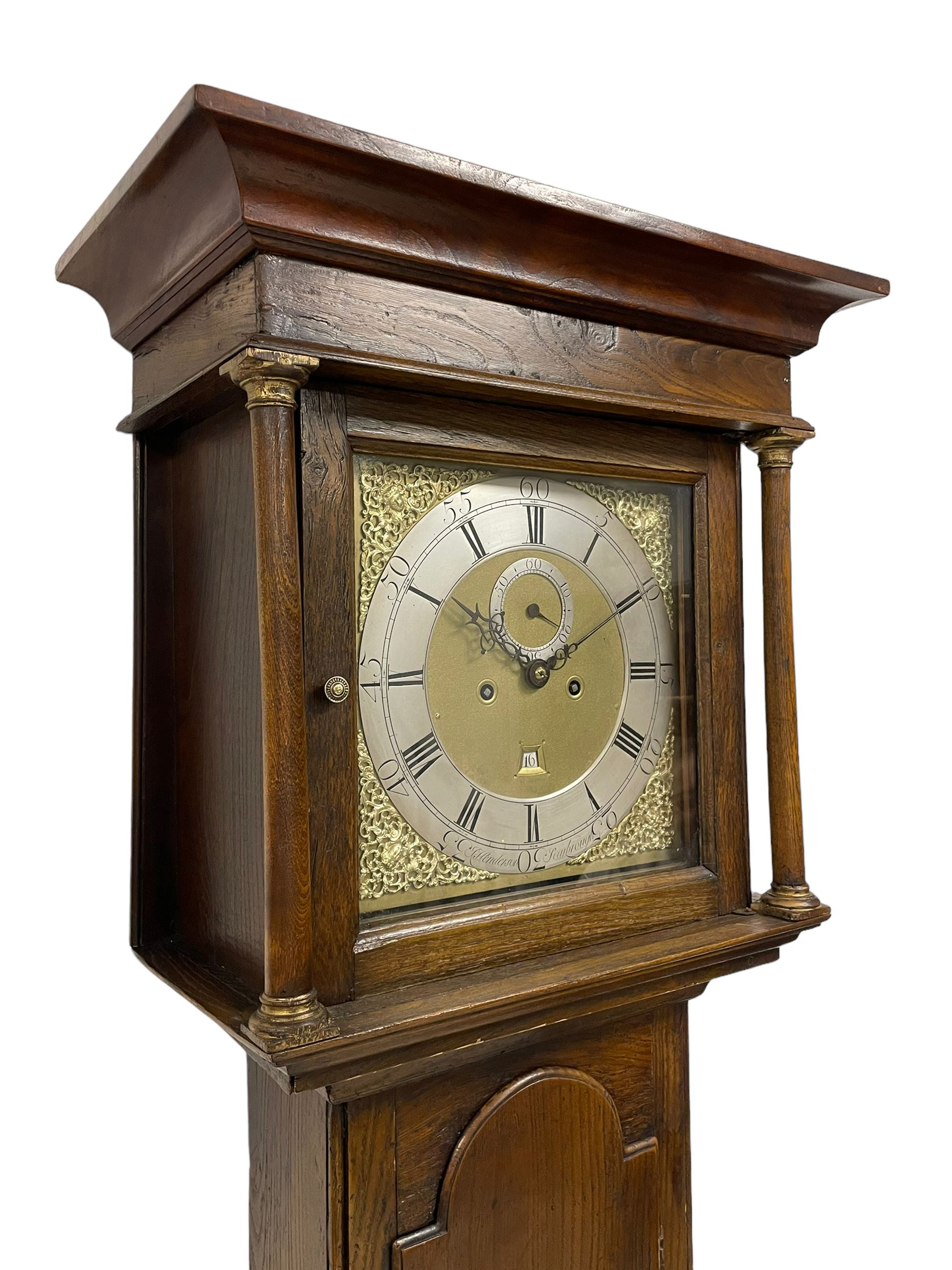 Jeremiah Henderson of Scarborough - 8-day longcase clock in an Elm case c1765,  with a flat top and broad cornice, square hood door flanked by two plain turned pilasters with gesso capitals, long trunk with a conforming door and break arch top, square brass dial with a matted centre, cast spandrels and ringed winding holes, silvered chapter ring with Roman numerals, five minute Arabic's, minute track and finely pierced matching steel hands, dial pinned to a rack striking movement with an anchor escapement. With weights and pendulum. Jeremiah Henderson was the son of Robert Henderson, the first recorded clockmaker in Scarborough. 