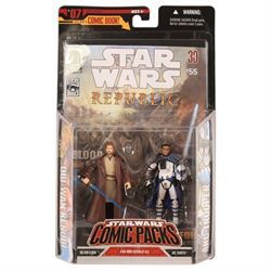Four Hasbro Star Wars 3.75 inch figure Comic Packs, comprising The Hunt for Aurra Sing #31, Infinities #4, Star Wars Republic #55 and Heir to the Empire #5, all in blister packs