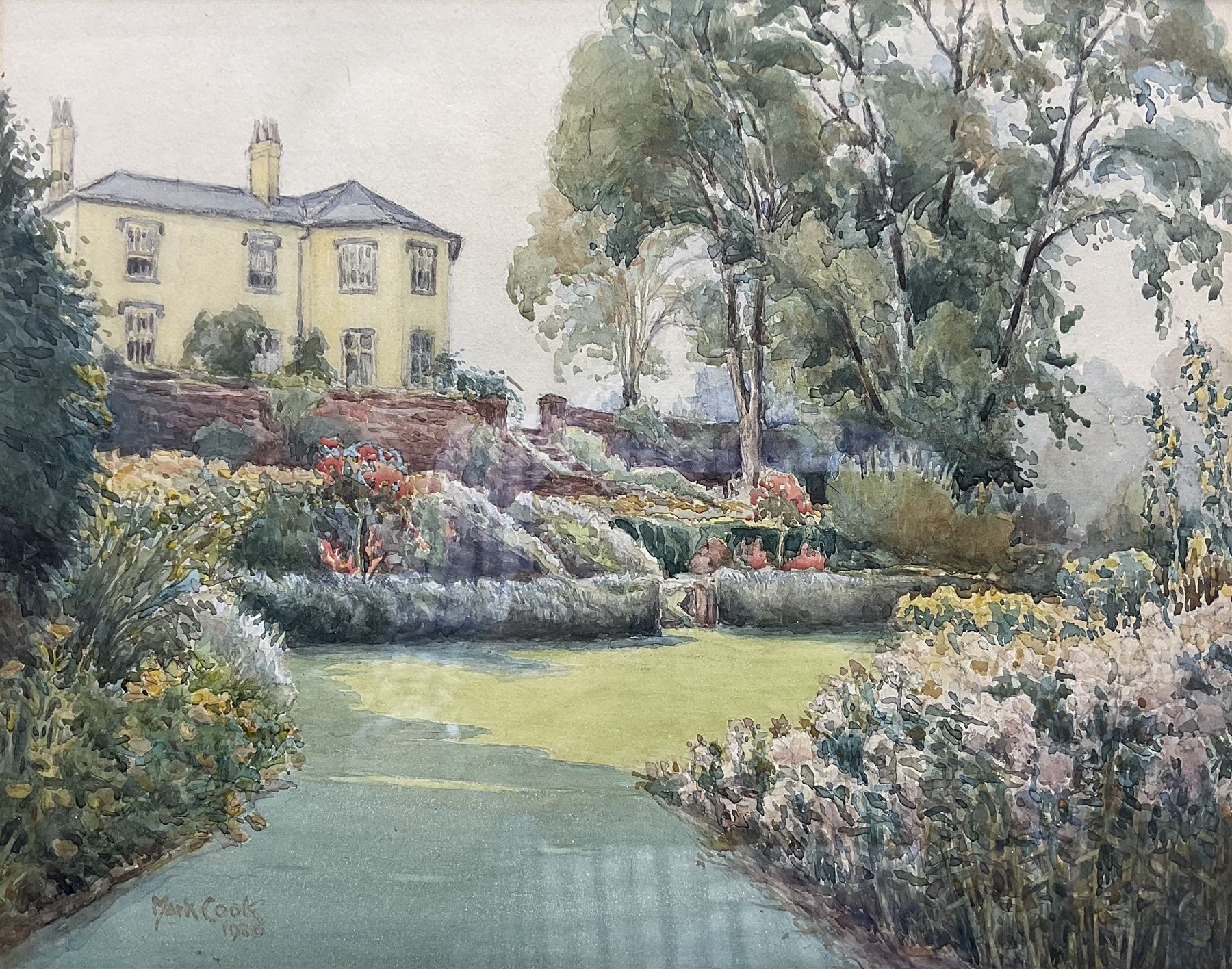 Mark Cook (Chester 1868-1951): 'The Rock Garden - Heron Bridge', watercolour signed and dated 1930, titled on label verso 24cm x 31cm; Barry Claughton (British 20th century): Ladies at the Pond, watercolour signed 35cm x 48cm; Cliff Oldfiend (British Contemporary): 'A Walk in Silpho', watercolour signed, titled verso 25cm x 37cm (3)