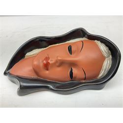 Art Deco Goldscheider terracotta wall mask, modelled as a woman in a black headscarf, model no 7831, with printed mark to back, H20cm 