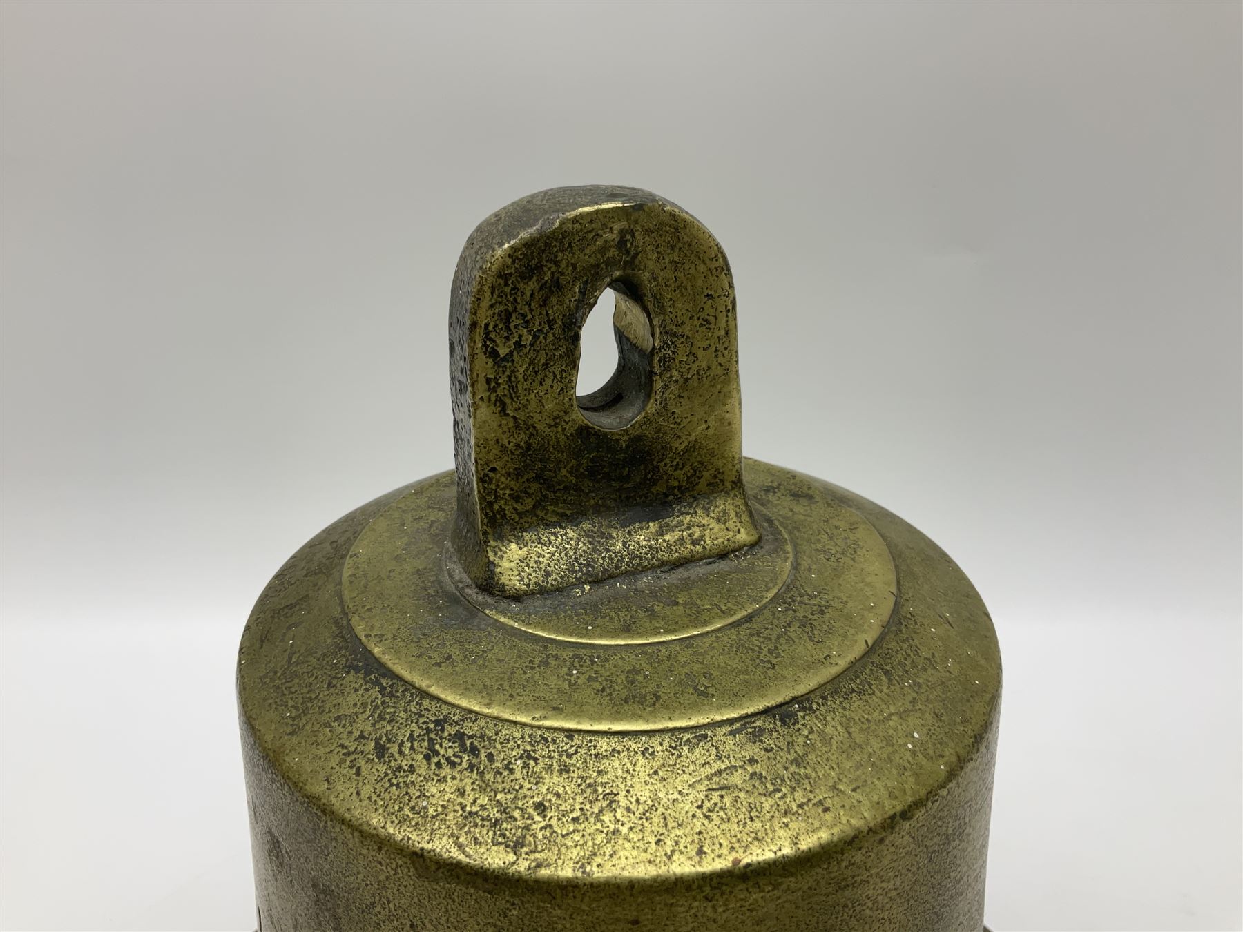 Ship's bell inscribed 'SS Stock Force', the Stock Force later became one of the WW1 'Q' ships and the engines were supplied by Earles Shipbuilders of Hull, H35cm, Notes: The SS Stock Force was built as a small coastal steamship and became HMS Stock FOrce when it was hired by the Royal Navy as a decoy ship (Special Service, Q-ship) in January 1918. She was used in the operation to attack the German submarine UB-80. The Stock Force Captain Commander Harold Auten VC, DSC, RD (22 August 1891 – 3 October 1964) was awarded the Victoria Cross in 1918 following his actions as captain of HMS Stock Force