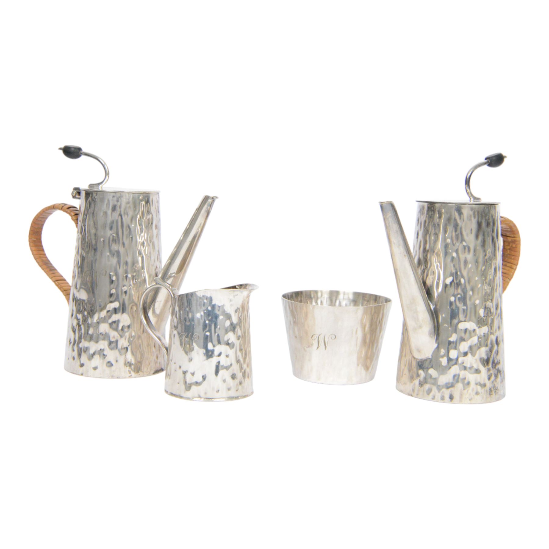 Hukin & Heath planished silver plate coffee tray attributed to Christopher Dresser, with similar coffee set comprising pair of coffee pots, of cylindrical tapering form with strapwork handles, milk jug and open sucrier, all engraved with initial to center, tray L48cm 