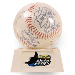Five signed Rawlings baseballs, comprising Tom Glavine with HOF 2014 inscription, Mike Piazza, Sandy Koufax, Tom Seaver with HOF '92 inscription and Nolan Ryan with HOF '99 inscription, together with a signed Tampa Bay Devil Rays baseball, with acrylic cases and certificates of authenticity (6)