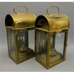  Pair of Brass Ships Saloon lamps arched to three glass bodies with mirrored backs, with burners, H32cm (2)  