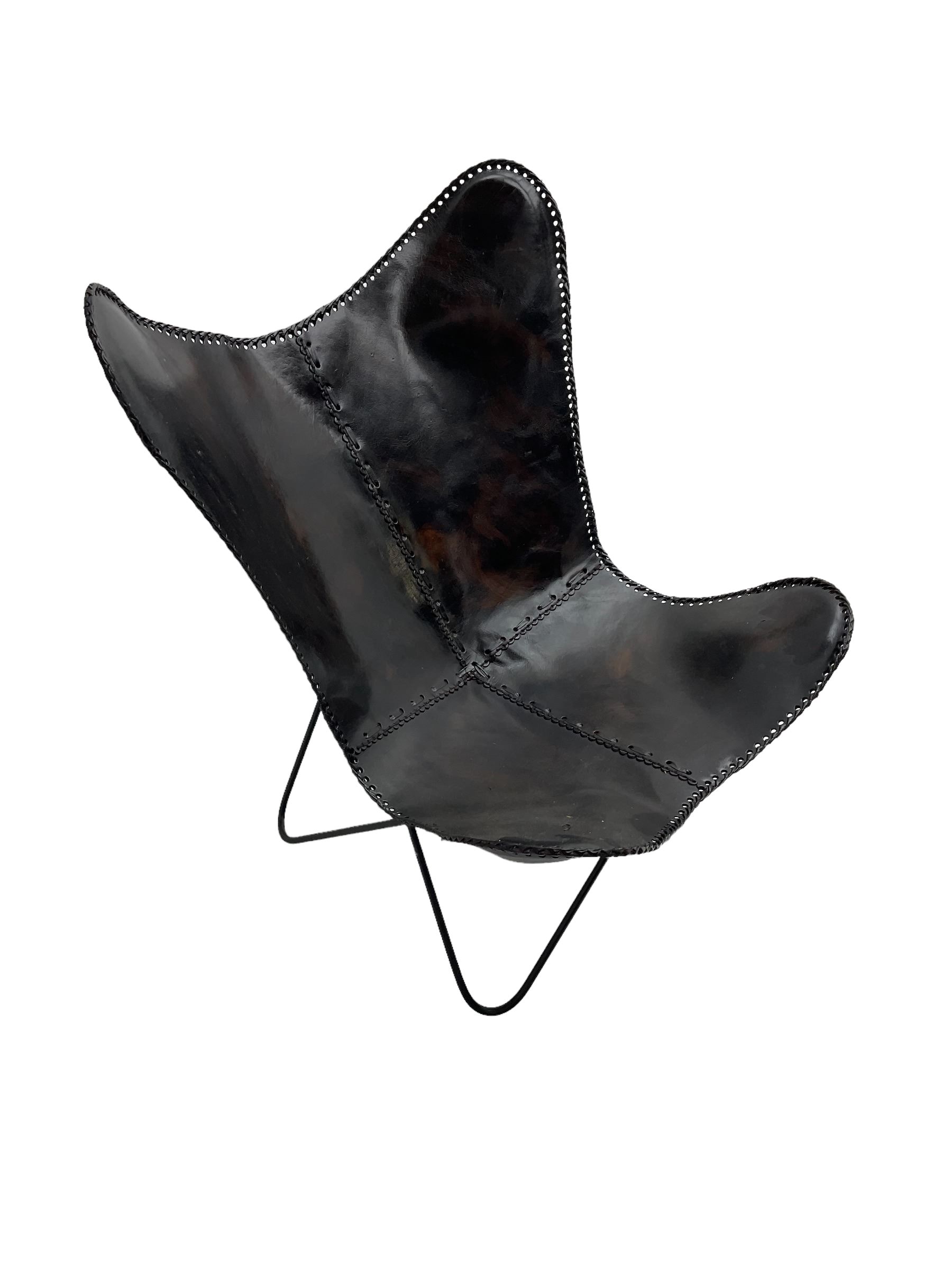 Butterfly Chair, black finish metal frame with stitched slung leather cover