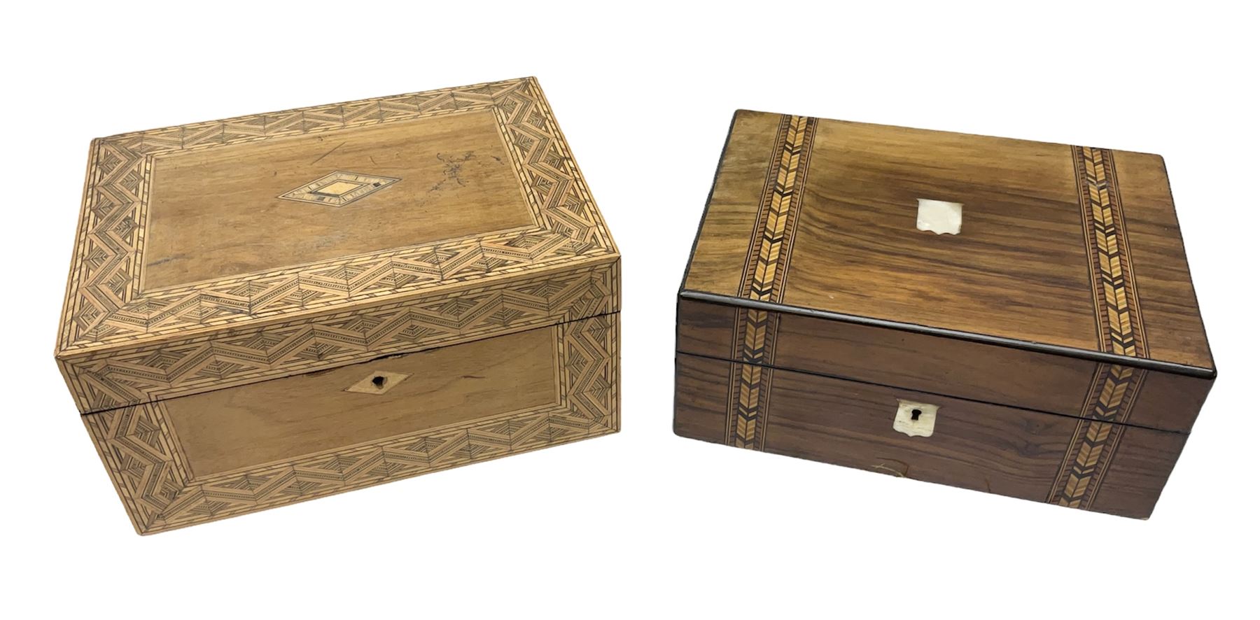 Oak sewing box with geometric inlaid decoration, the hinged lid lifting to reveal compartmented interior with lift out tray together with another mahogany example with mother of pearl and marquetry inlay decoration, both for restoration, largest H15cm W30cm D22cm