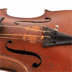 Early 20th century violin, interior label reading 'Copy of a Antonius Stradivarius Fecit Dresdae Anno 18, made especially for Harry Wood of Wakefield', for restoration, contained within hard case