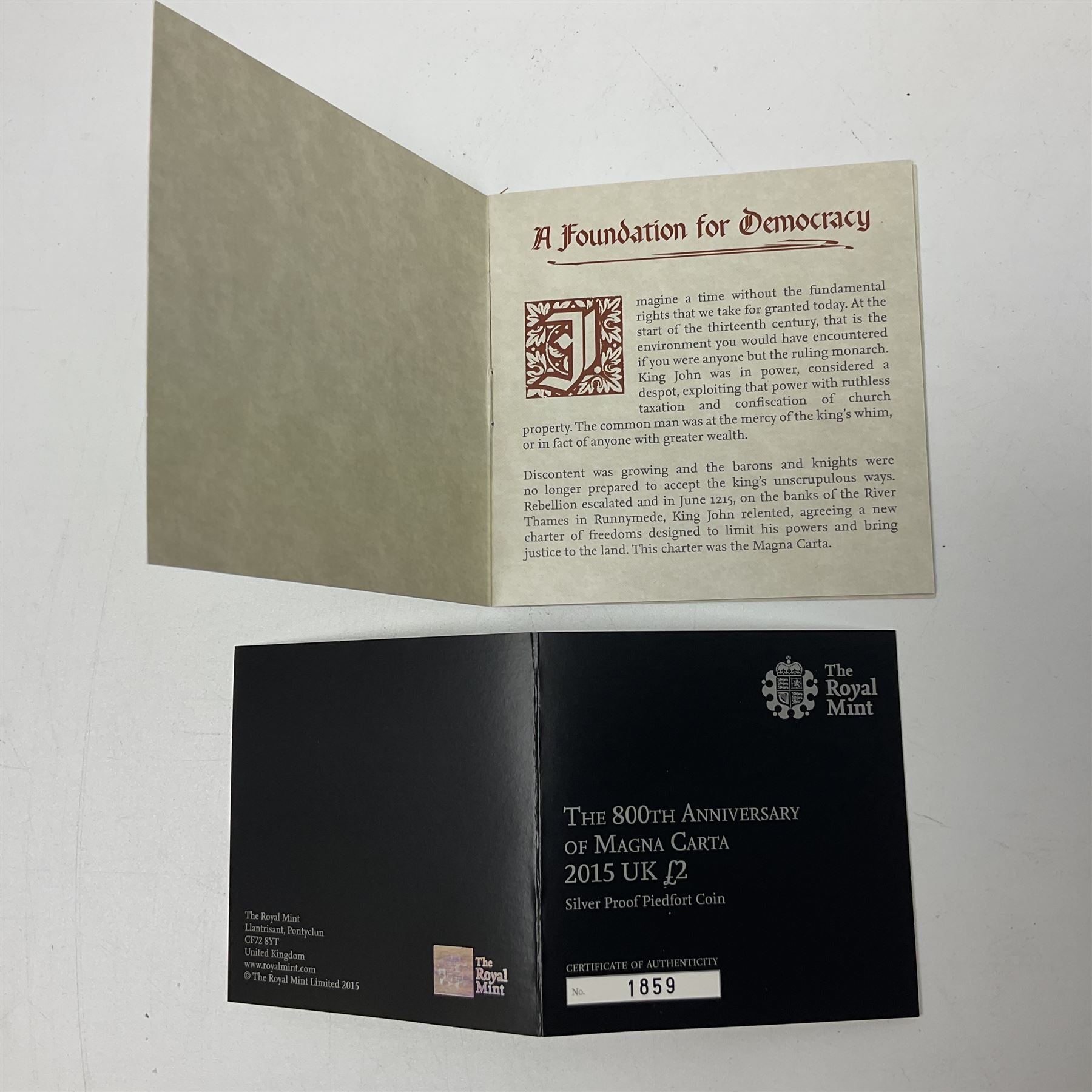 The Royal Mint United Kingdom 2015 ''The 800th Anniversary of Magna Carta' silver proof piedfort two pound coin, cased with certificate