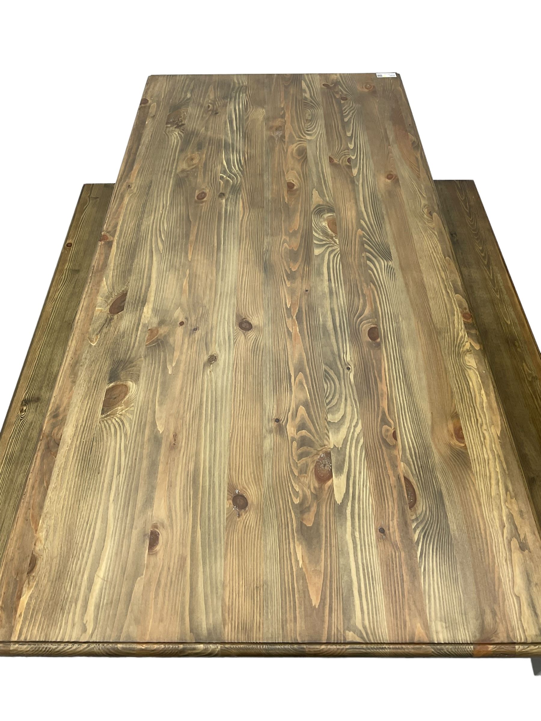 Pine kitchen dining table, rectangular moulded top on painted base, square tapering supports (180cm x 85cm, H78cm); and two matching benches 