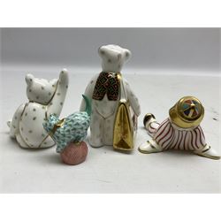 Three Royal Crown Derby figures, comprising Stripy Clown, Mulberry Hall Shopper bear and a seated teddy bear, together with Herend kitten on a ball, largest figures H9cm