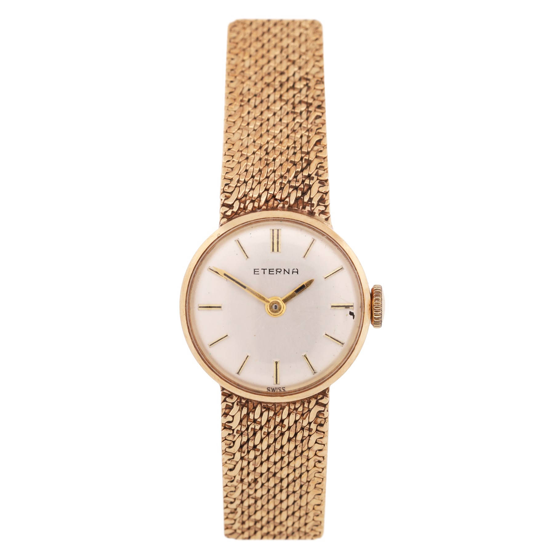 Eterna ladies 9ct gold manual wind wristwatch, silvered dial with baton hour markers, on integral 9ct gold bracelet, London 1968