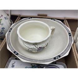 Royal Winton Art Deco style wash jug and bowl, in geometric purple design, together with two other large wash jugs with bowls and other similar ceramics, in three boxes 