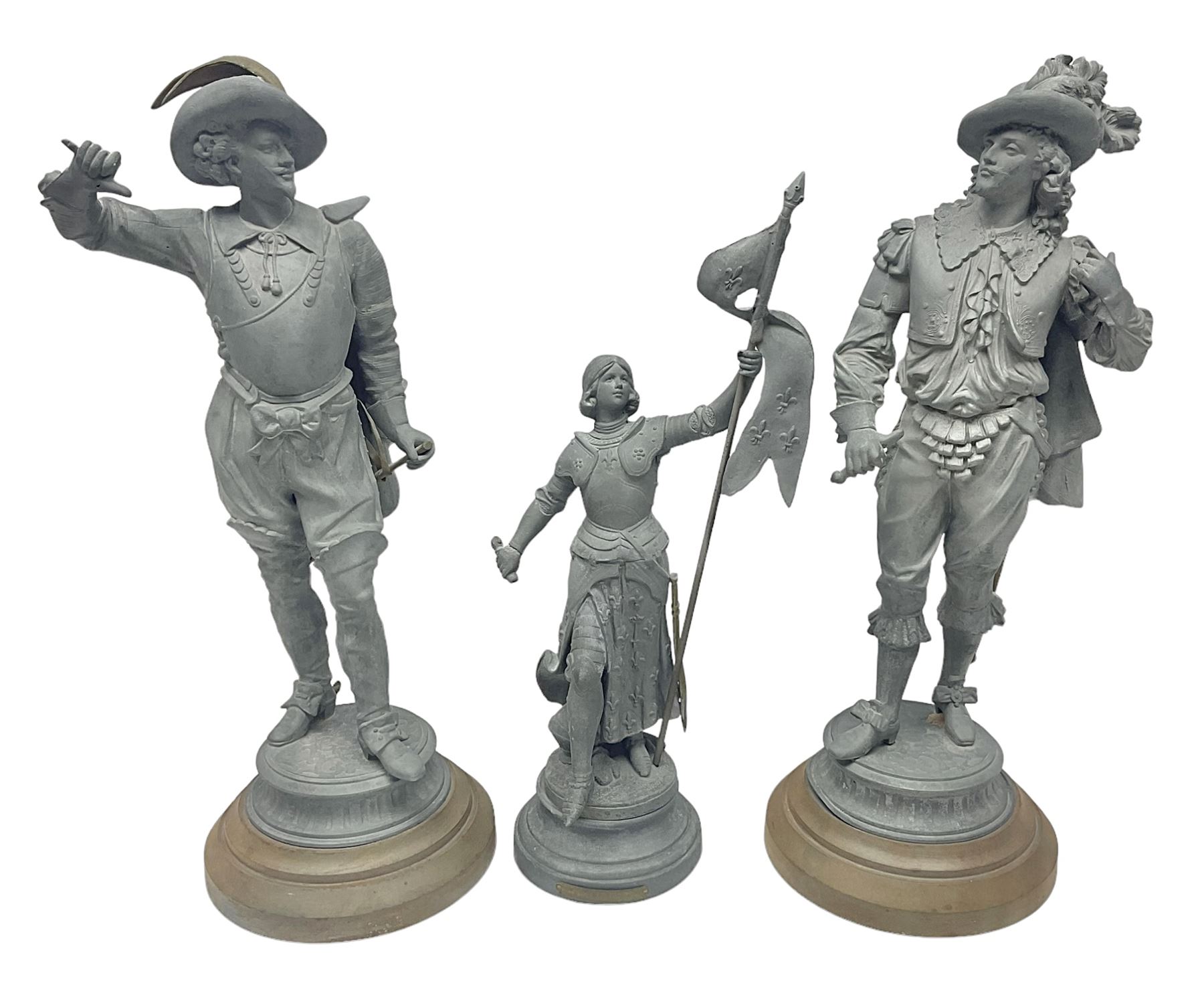 Pair of spelter figures modeled as Cavaliers, together with a spelter figure of Joan of Arc, largest H52cm