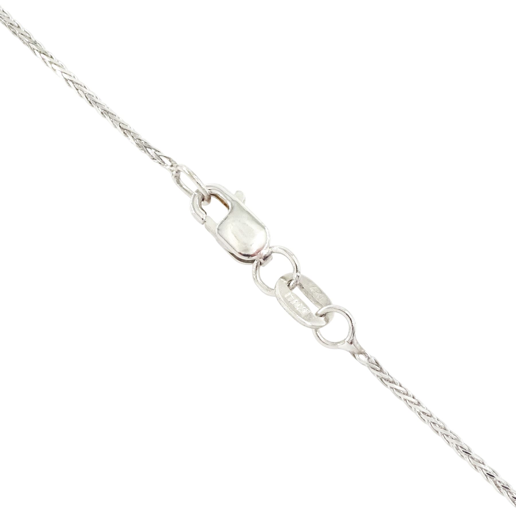 14ct white gold diamond pendant necklace, single round brilliant cut fancy blue diamond of approx 0.45 carat, surrounded by a halo of milgrain set round brilliant cut diamonds, to a diamond set bail, on a wheat link chain necklace, total white diamond weight approx 0.25 carat