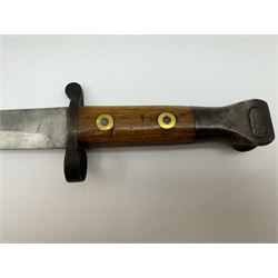 WWII Lee Metford rifle bayonet with original scabbard marked 586, with canvas frog, L44cm overall 
Notes; due to the condition of the bayonet it is possible this was issued to the home guard