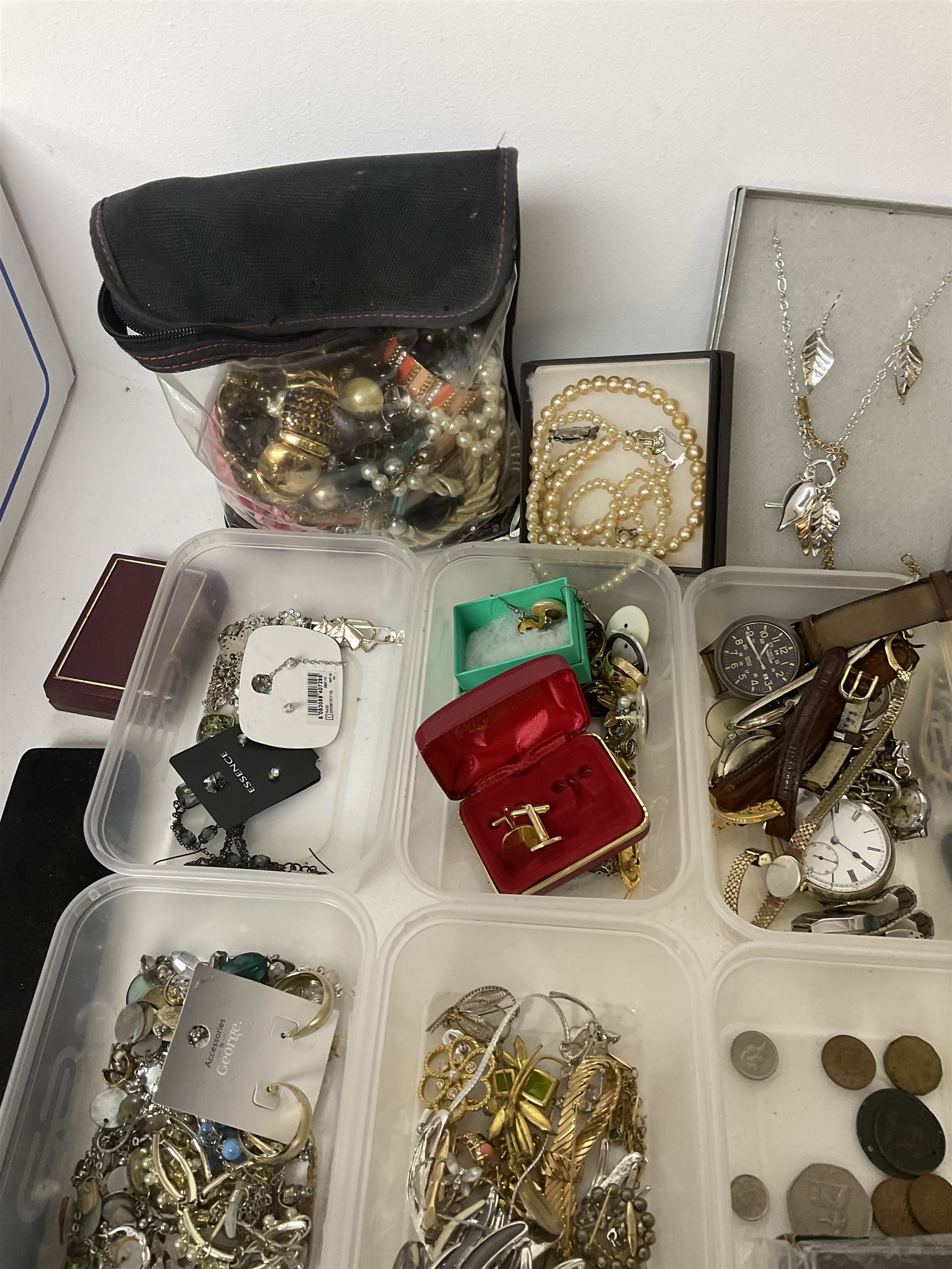 Collection of costume jewellery, including earrings, beaded necklaces, bracelets, wristwatches and boxes 
