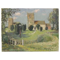 Clive Richard Browne (British 1901-1991): Open Fields Landscape, oil on board signed 21cm x 26cm; Joan Newton (British 19th/20th century): 'The Two Churches - Alvingham' Lincolnshire, oil on canvas signed, titled on label verso 30.5cm x 40.5cm (2) (one unframed)