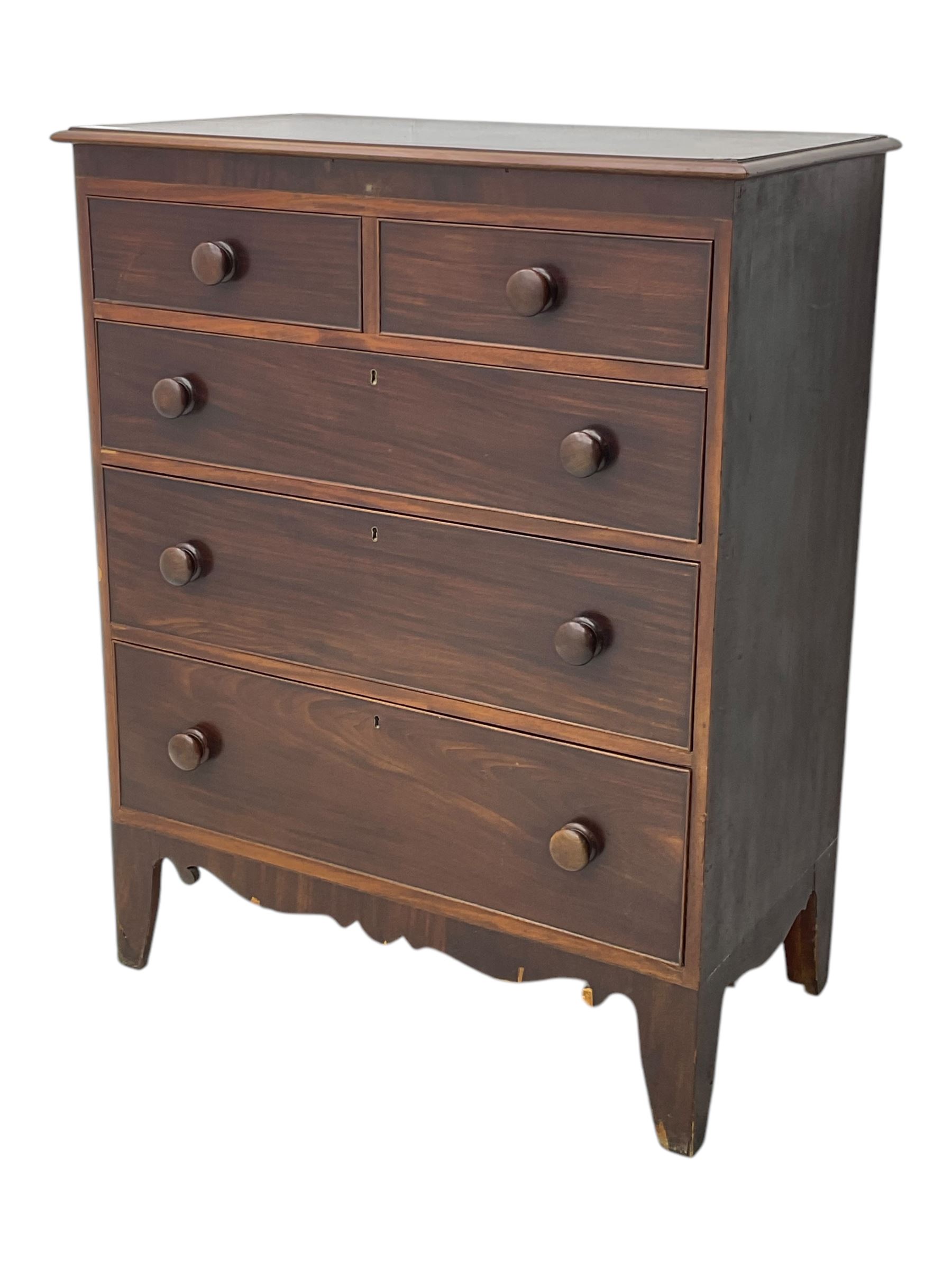 Victorian mahogany chest, rectangular top with moulded edge over two short and three long cockbeaded graduated drawers, on shaped bracket feet