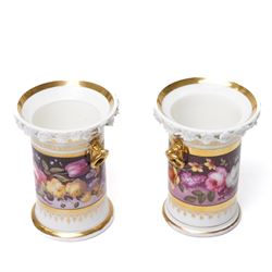 Pair of 19th century spill vases, the rim with encrusted decoration, the central band hand-painted with flowers on a claret ground, unmarked but in the manner of Coalport, H11cm 
