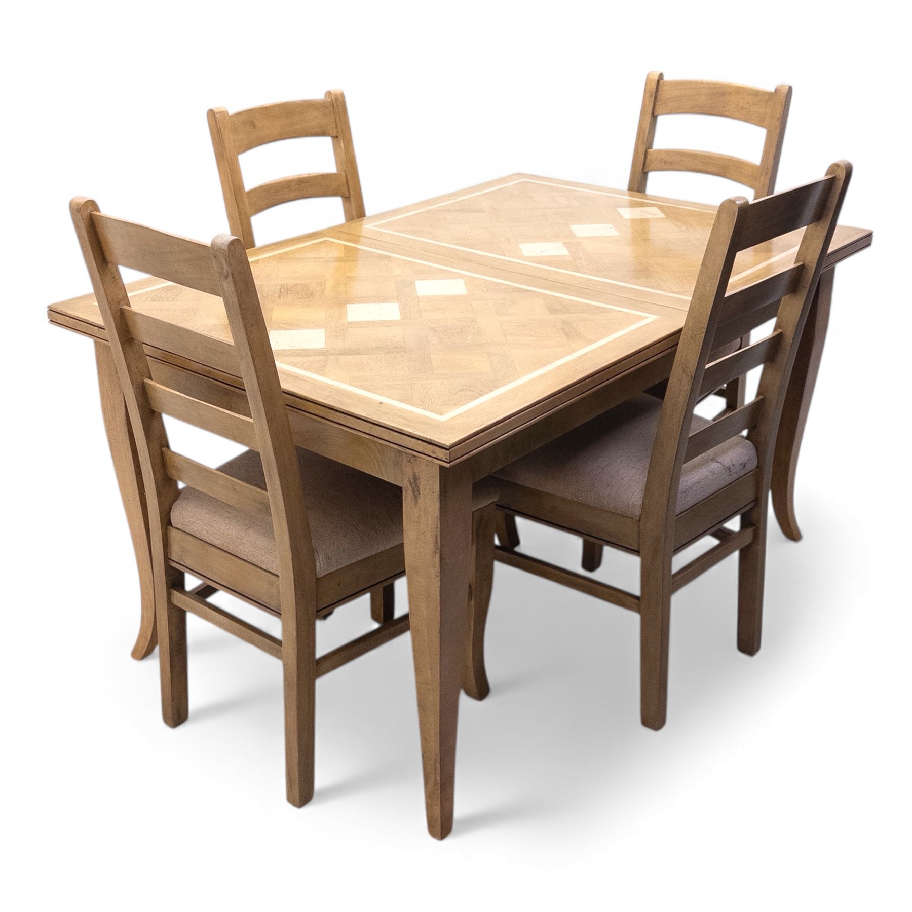 Barker and Stonehouse Flag Stone extending dining table and four matching chairs, the rectangular top with parquetry inlay and contrasting border, extending by central leaf, on slightly curved supports, the chairs with padded upholstered seats and ladder backs (Chairs H 108cm, W 50cm, D 54cm) (Extends to 195cm)