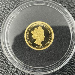 Eleven Queen Elizabeth II miniature gold coins, each being 0.5 grams of 24 carat gold, including Tristan da Cunha 2020 'Laurel', Solomon Islands 2020 '80th Anniversary of the Battle of Britain' etc, all with certificates