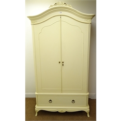  Wallis & Gambier Ivory armoire, arched cresting rail with classical swags, two doors enclosing hanging rail above single drawer, shell carved cabriole feet, W109cm, H204cm, D63cm  