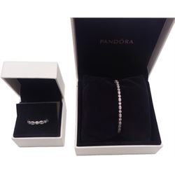 Pandora silver 'Alluring Brilliant Marquise' cubic zirconia bangle and similar ring, silver amethyst ring and a silver cubic zirconia bracelet, all stamped and boxed 