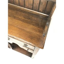 Small Georgian style distressed medium oak dresser, fitted with five drawers, pot-board base and two tier plate rack, W91cm, D37cm, H162cm