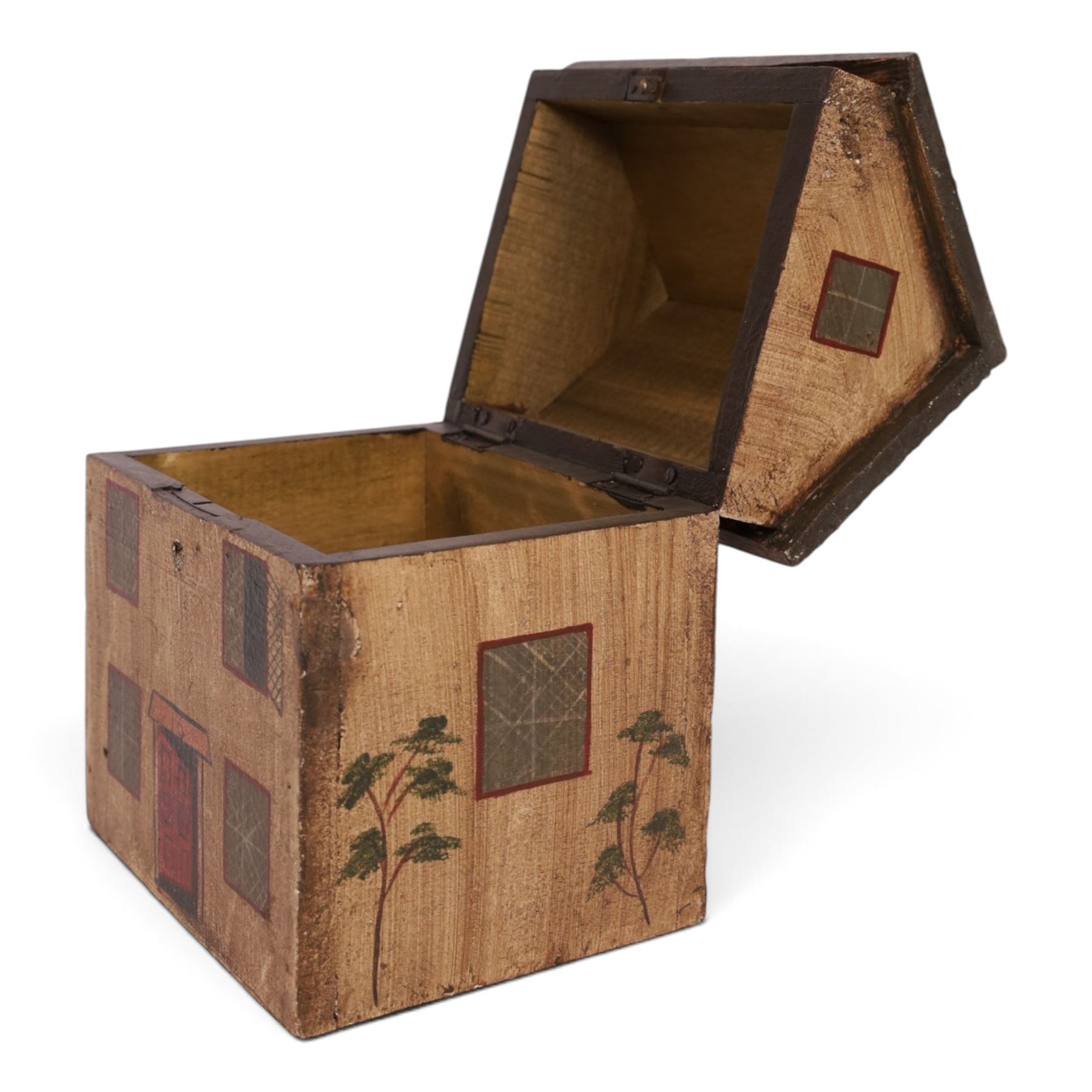 Wooden box in the form of a house, with hand painted details, H23cm