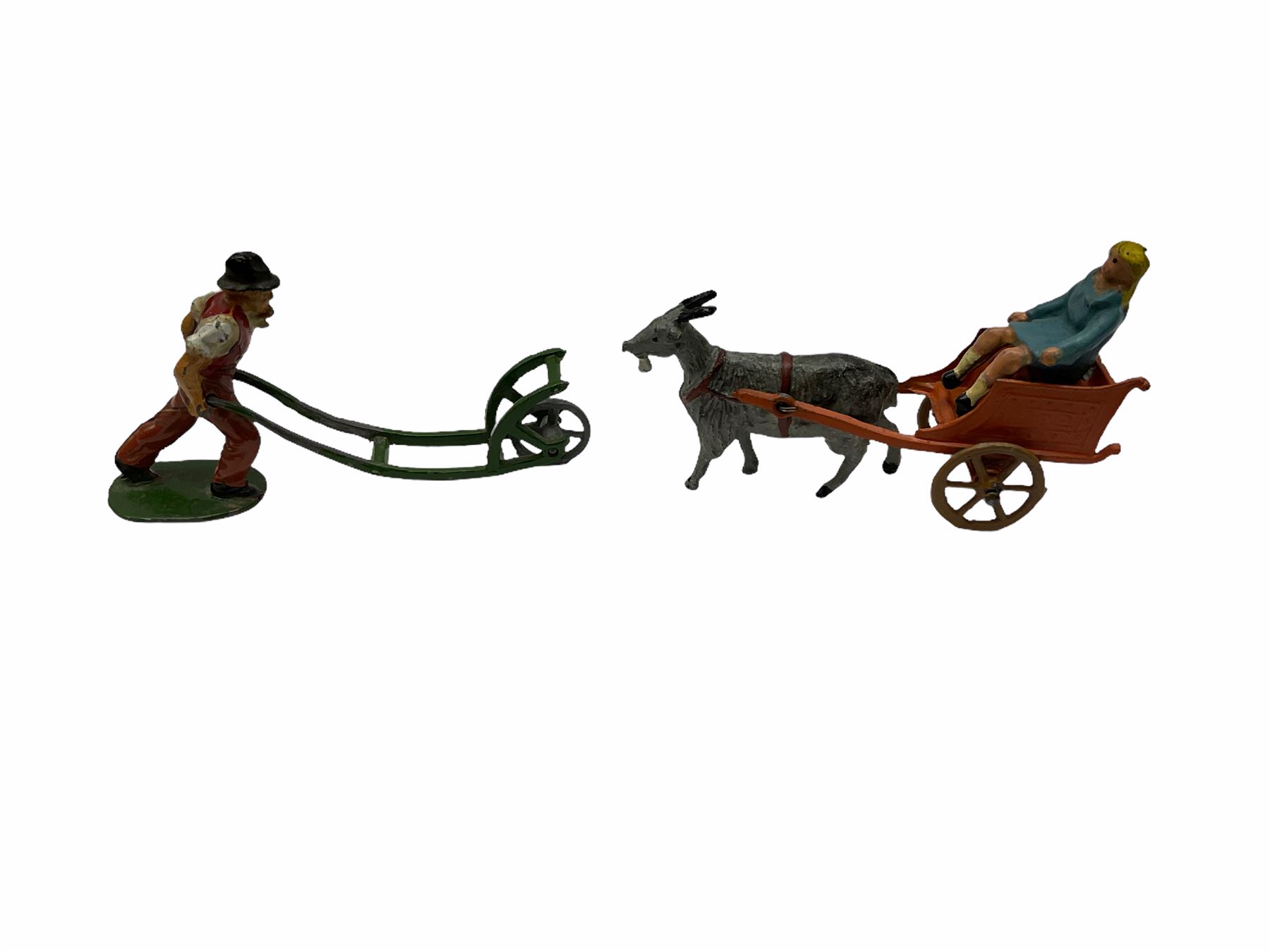 Lead figures - pre-war Charbens goat cart with girl; Timpo ploughman; Timpo cow; Salco Dray Carts; see-saw boat with boy and girl; two Charbens tractors; Taylor & Barrett governess cart; six Wendal figures etc