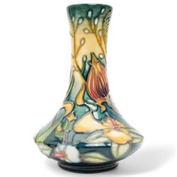 Moorcroft Peaches pattern globular vase from the Mediterranean series H11cm, Ingleswood saucer dish designed by Philip Gibson and a Prairie Summer vase H10cm (3) 