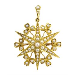 Edwardian 18ct gold split seed pearl star pendant