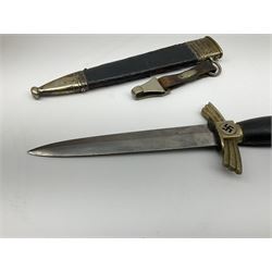  WW2 German SMF Solingen DLV flyers dagger with 16cm steel blade, nickel downswept cross-piece and pommel and leather covered grip, in leather and nickel scabbard with leather suspension strap L34cm overall. After WWI Germany was forbidden an air force by the Treaty of Versailles however the Deutscher Luftsport-Verband (German Air-sport Association) was formed in March 1933 from various sports flying clubs and had branches for aeroplane, gliding and balloon flying. Under cover of the sporting DLV, many future Luftwaffe pilots trained to fly. DLV was embodied with the NSKK in March 1935 and 1st March 1937 Luftwaffe formed.