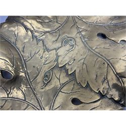 Late 19th/early 20th century twin handled brass centrepiece dish in the form of oak leaves, raised upon four legs, L37cm