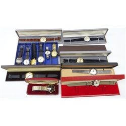  Collection of Gents mechanical wristwatches, ex-shop stock including Ingersoll 17 jewel lever, Timex 21 jewel waterproof, six Sekonda, Roamer, Smiths, Franklands Vital Pulse etc with matched cases  