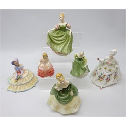  Six Royal Doulton figures, 'Rose' HN 1368, 'Fair Maiden' HN 2211, 'Day Dreams' HN 1731, 'Michele' HN 2234, 'Soiree' HN 2312 and 'Diana' HN 2468, H20cm (6)  