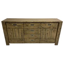 Contemporary hardwood sideboard, fitted with four drawers flanked by two cupboards, each with recessed metal handles